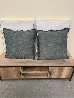 Two Threshold blue gray  Fringe Accent Pillow Covers with fringe trim. 24x24